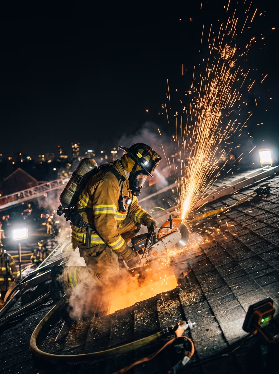 Bombero realizando ventilación en un techo durante un incendio nocturno