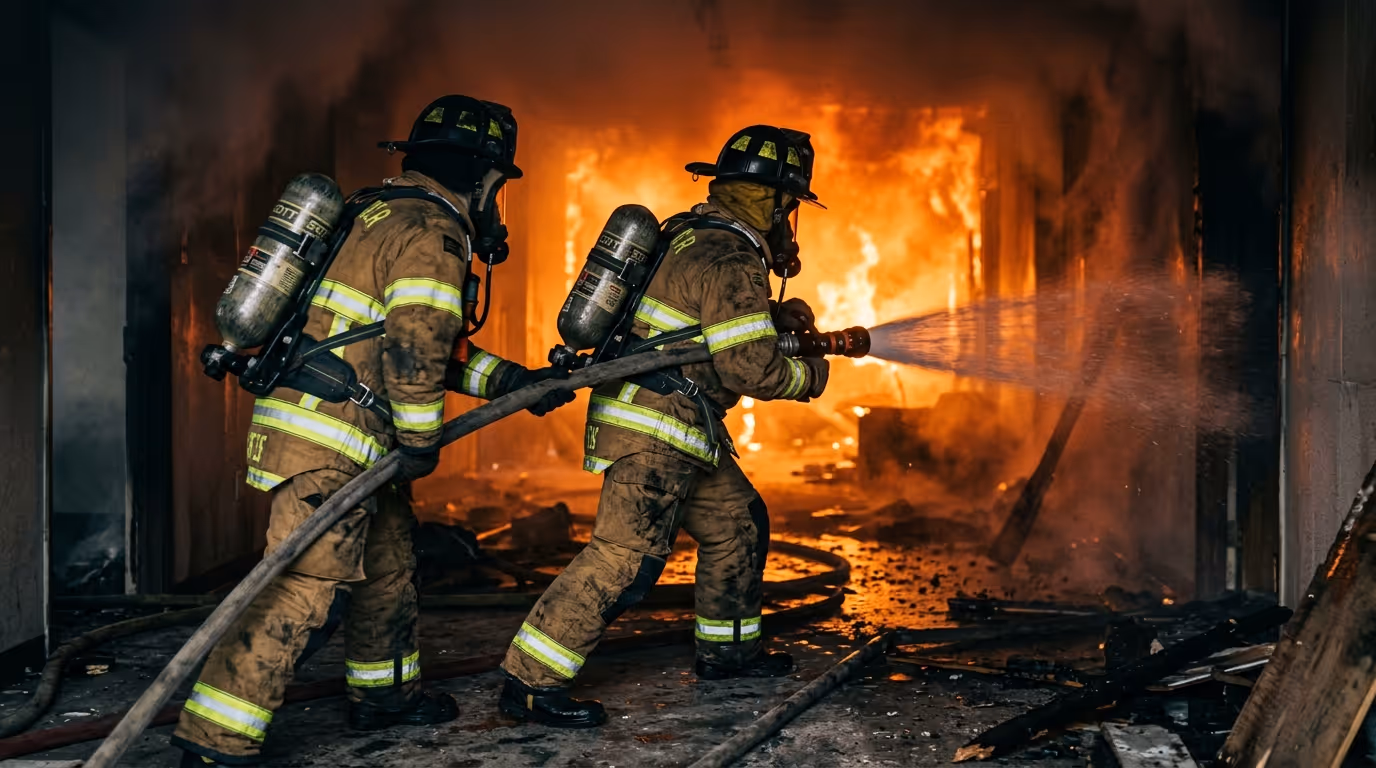 Bomberos con traje estructural y equipo de respiración avanzando una línea de manguera en un incendio