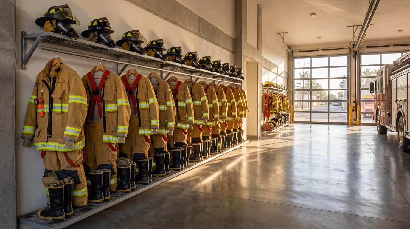 Trajes estructurales colgados en la percha de equipo de una estación de bomberos